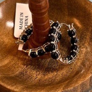 NWT Black onyx & sterling silver in & out hoop earrings 1 inch drop -snap bar